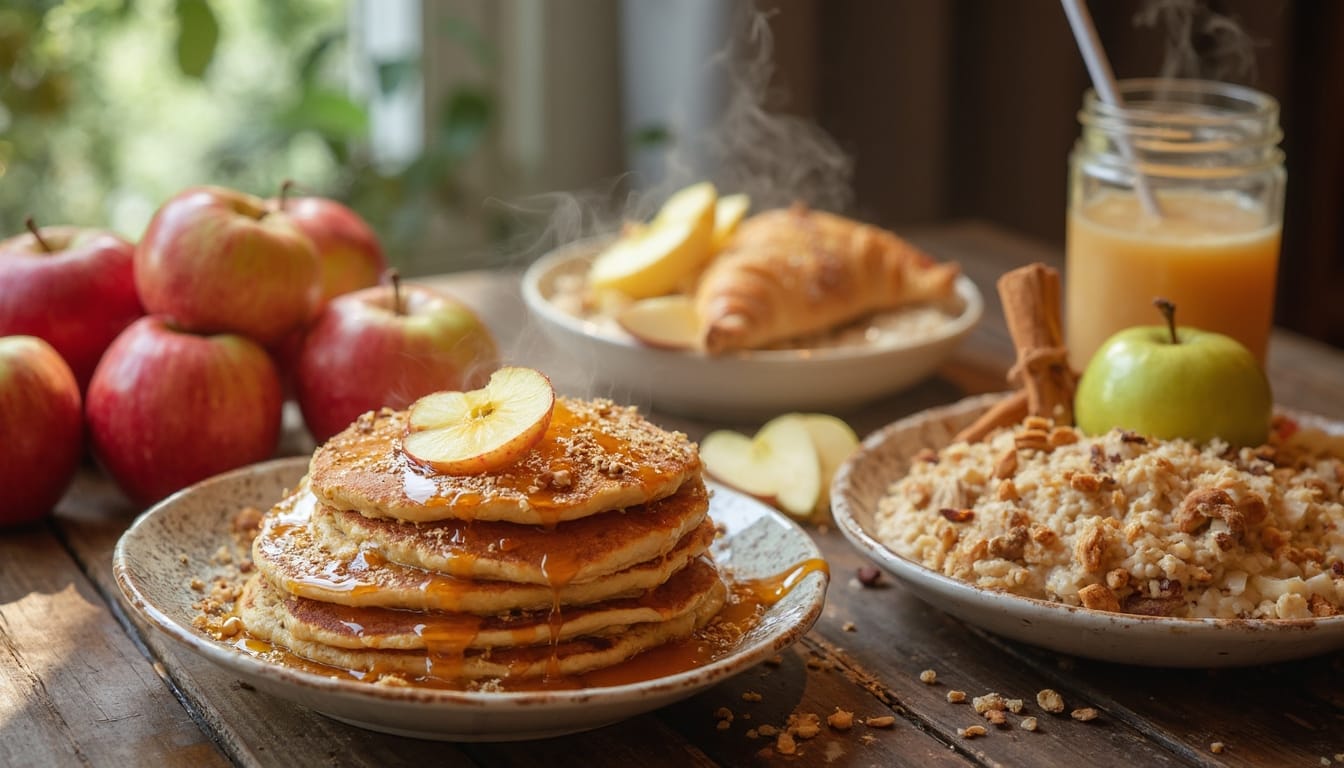 A stack of apple-topped pancakes drizzled with syrup, accompanied by a bowl of oatmeal, fresh apples, and a glass of apple juice on a wooden table.