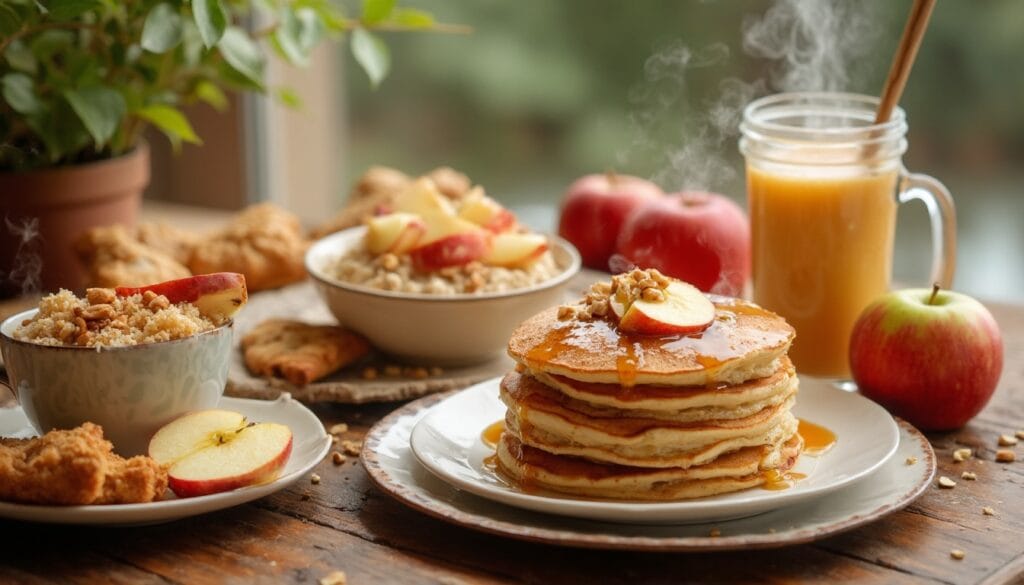 Apple pancakes with syrup, a bowl of oatmeal topped with apple slices, and fresh apples set against a cozy breakfast scene by the window.