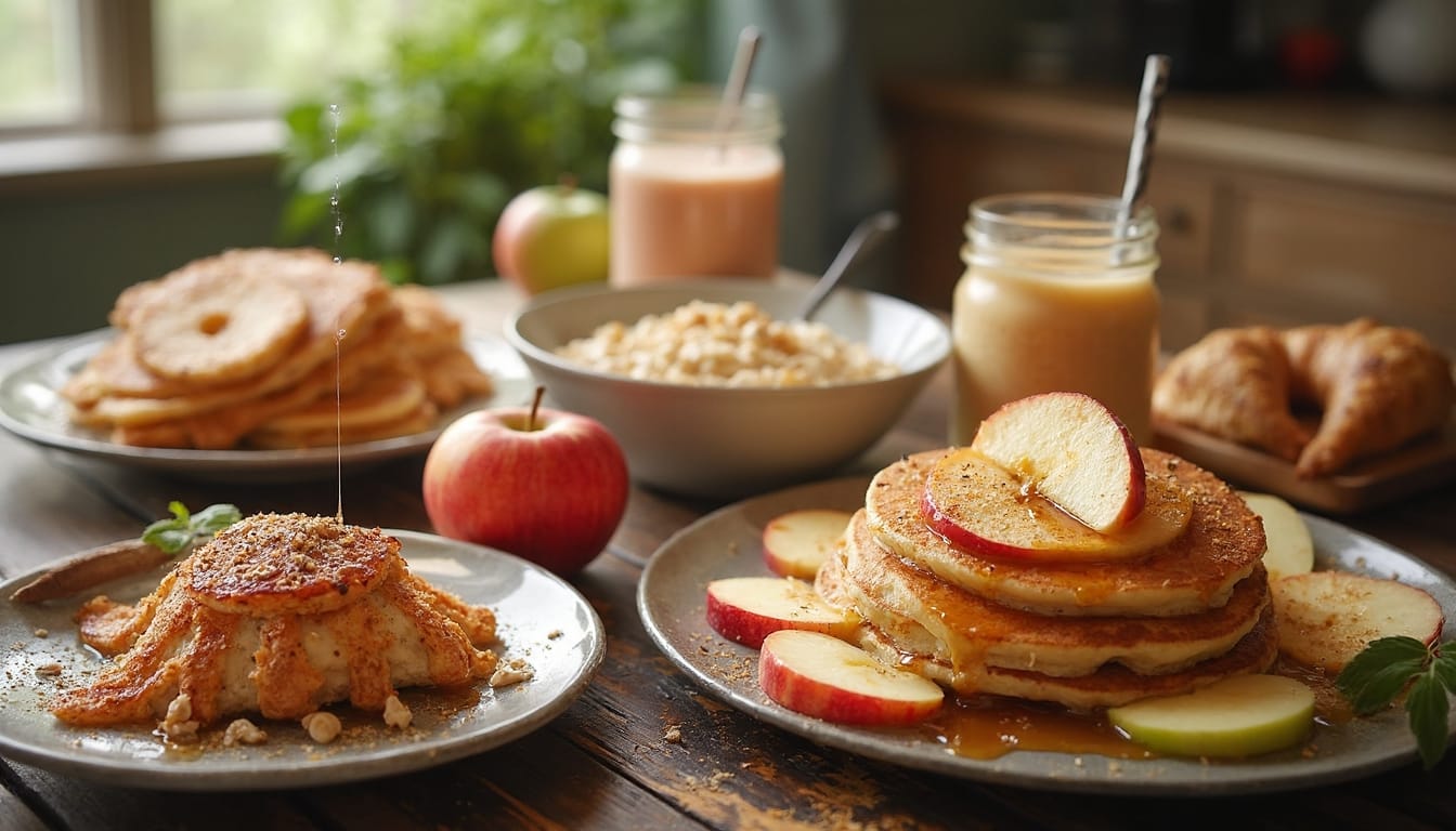 Apple pancakes, apple cinnamon oatmeal, and baked apple slices arranged on a rustic table with fresh apples and a glass of juice.
