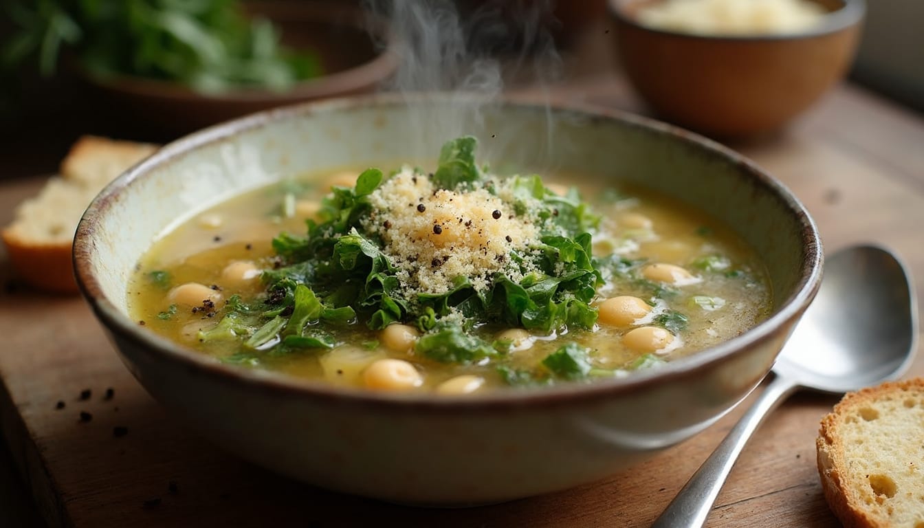 A steaming bowl of escarole and bean soup topped with grated cheese, served with crusty bread on the side.
