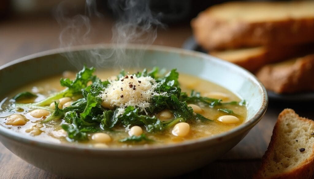 Escarole and bean soup in a rustic brown bowl, garnished with grated cheese and a slice of bread.