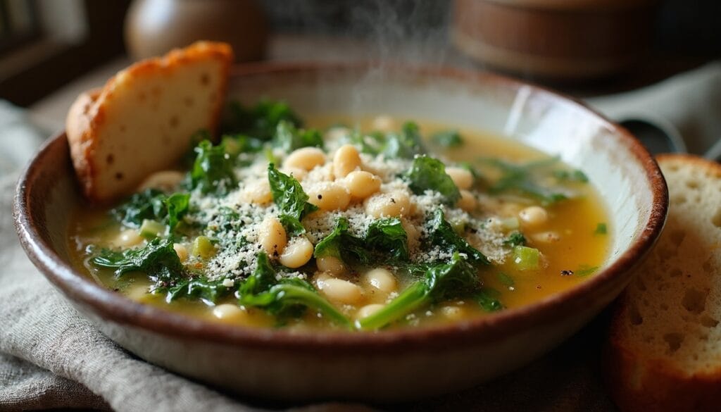 Warm escarole and bean soup with leafy greens and white beans, paired with toasted bread.