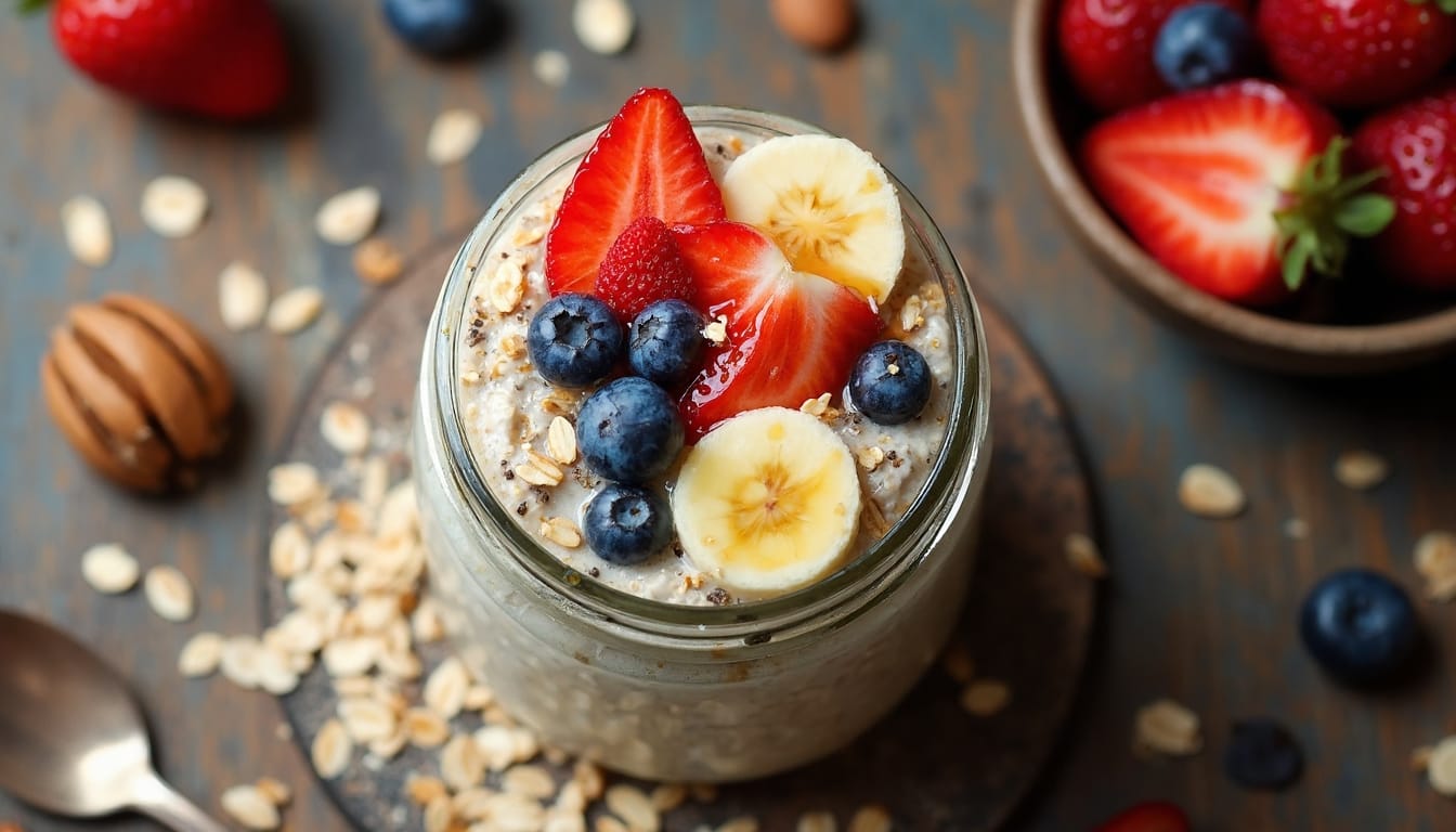 A wholesome breakfast jar featuring overnight oats, ripe bananas, juicy strawberries, and plump blueberries, with scattered oats and almonds in the frame.