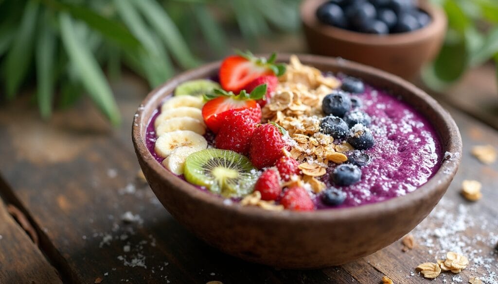 A fresh acai smoothie bowl featuring bananas, strawberries, kiwis, blueberries, and granola, placed on a wooden surface with natural lighting.