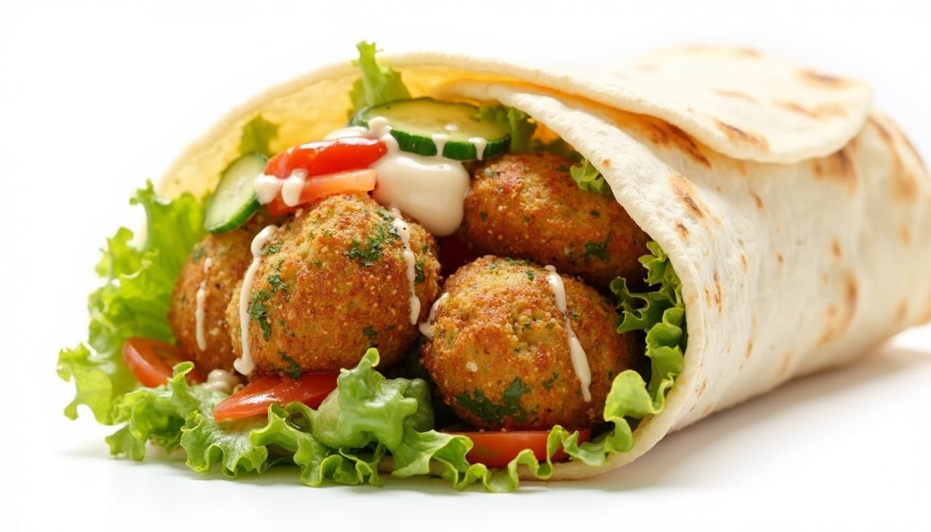 A freshly made falafel wrap with golden-brown falafel balls, crisp lettuce, cucumber slices, and creamy tahini drizzle wrapped in soft pita bread.