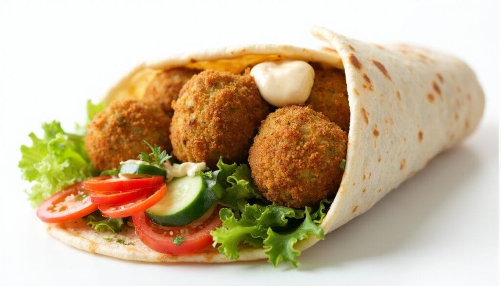 A close-up of a vibrant falafel wrap featuring crispy falafel balls, fresh vegetables, and a generous dollop of creamy sauce.