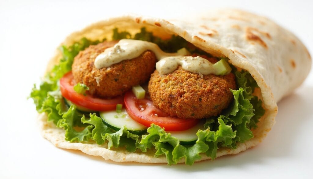 A falafel wrap displayed on a clean white surface, filled with fresh greens, tomatoes, cucumber, and golden falafel, garnished with a drizzle of tahini.