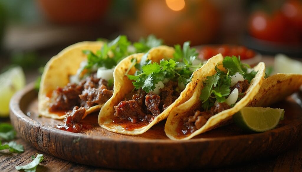 A trio of beef tongue tacos topped with fresh herbs, served with a side of lime.
