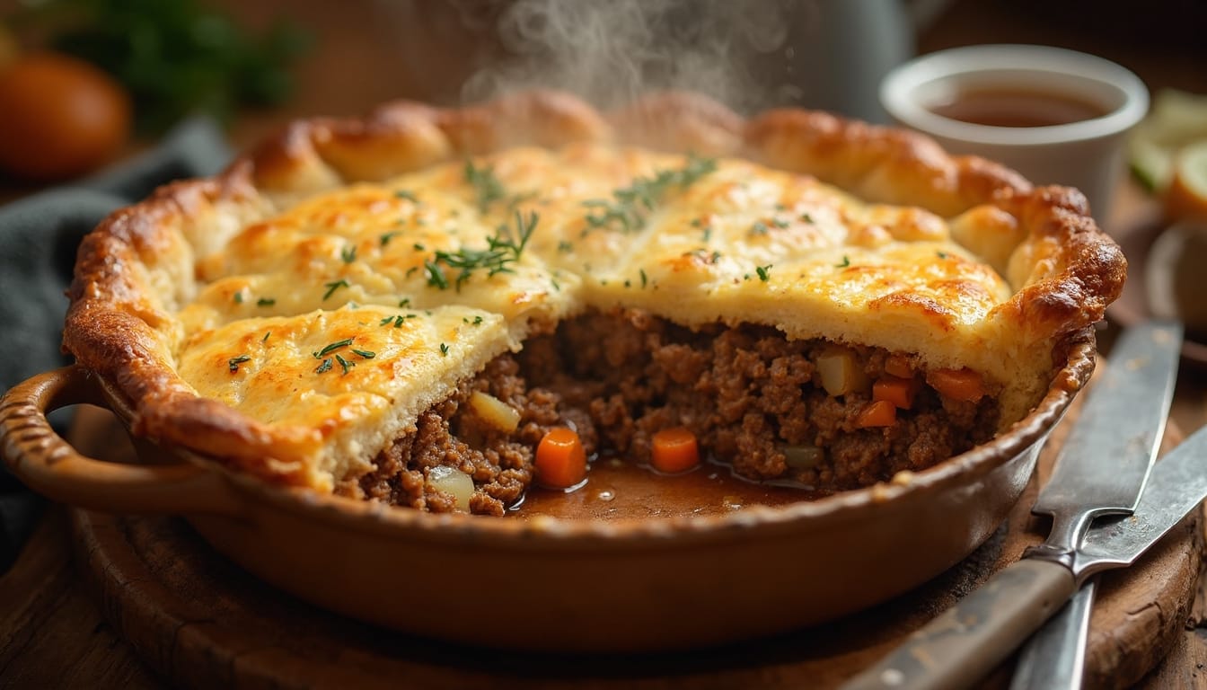 A rustic beef and potato pie with a golden top crust, filled with rich beef stew and carrots.