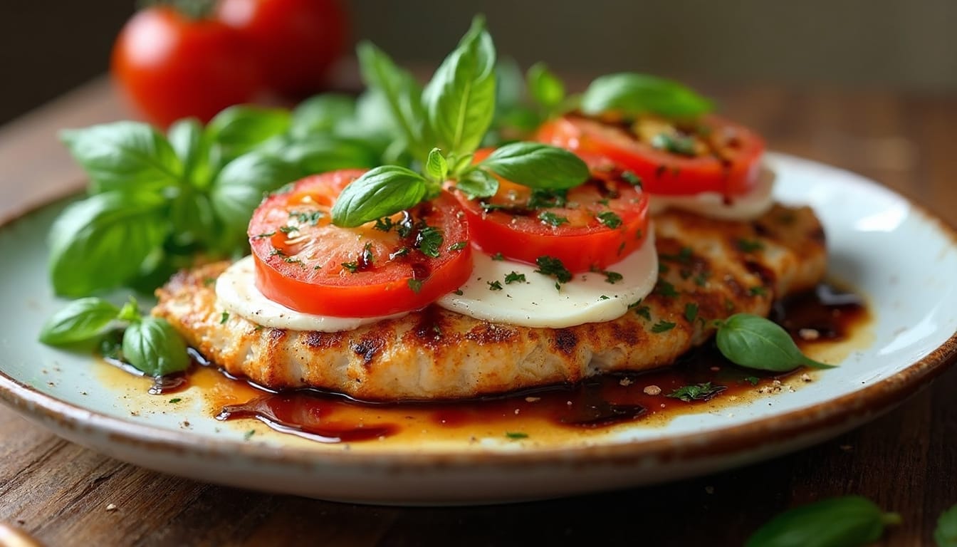 Grilled chicken breast topped with fresh tomato slices, mozzarella, and basil leaves, drizzled with balsamic glaze on a plate.