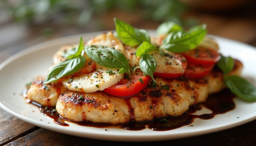 Seared chicken breast garnished with melted mozzarella, tomato slices, basil, and balsamic reduction, served on a white plate.