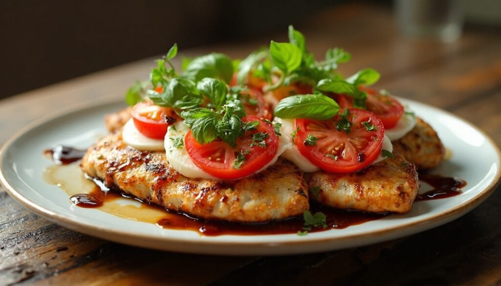 Pan-seared chicken fillet adorned with fresh Caprese toppings—tomato, mozzarella, basil—and balsamic drizzle on a rustic plate.