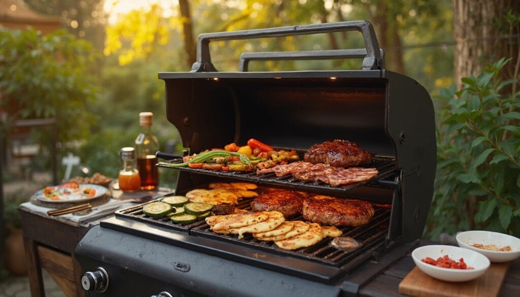 A modern Blackstone grill in a sunny backyard setting, sizzling with steaks, grilled vegetables, pancakes, and crispy bacon, surrounded by a cozy patio and lush greenery