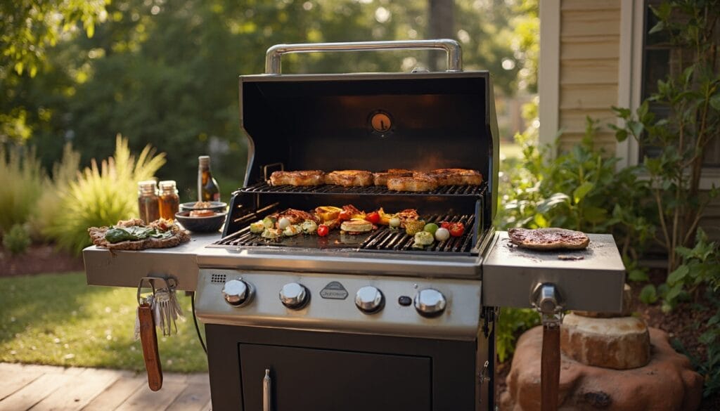 A stylish Blackstone grill in a backyard, grilling steaks, vegetables, pancakes, and bacon, surrounded by greenery and a sunny patio