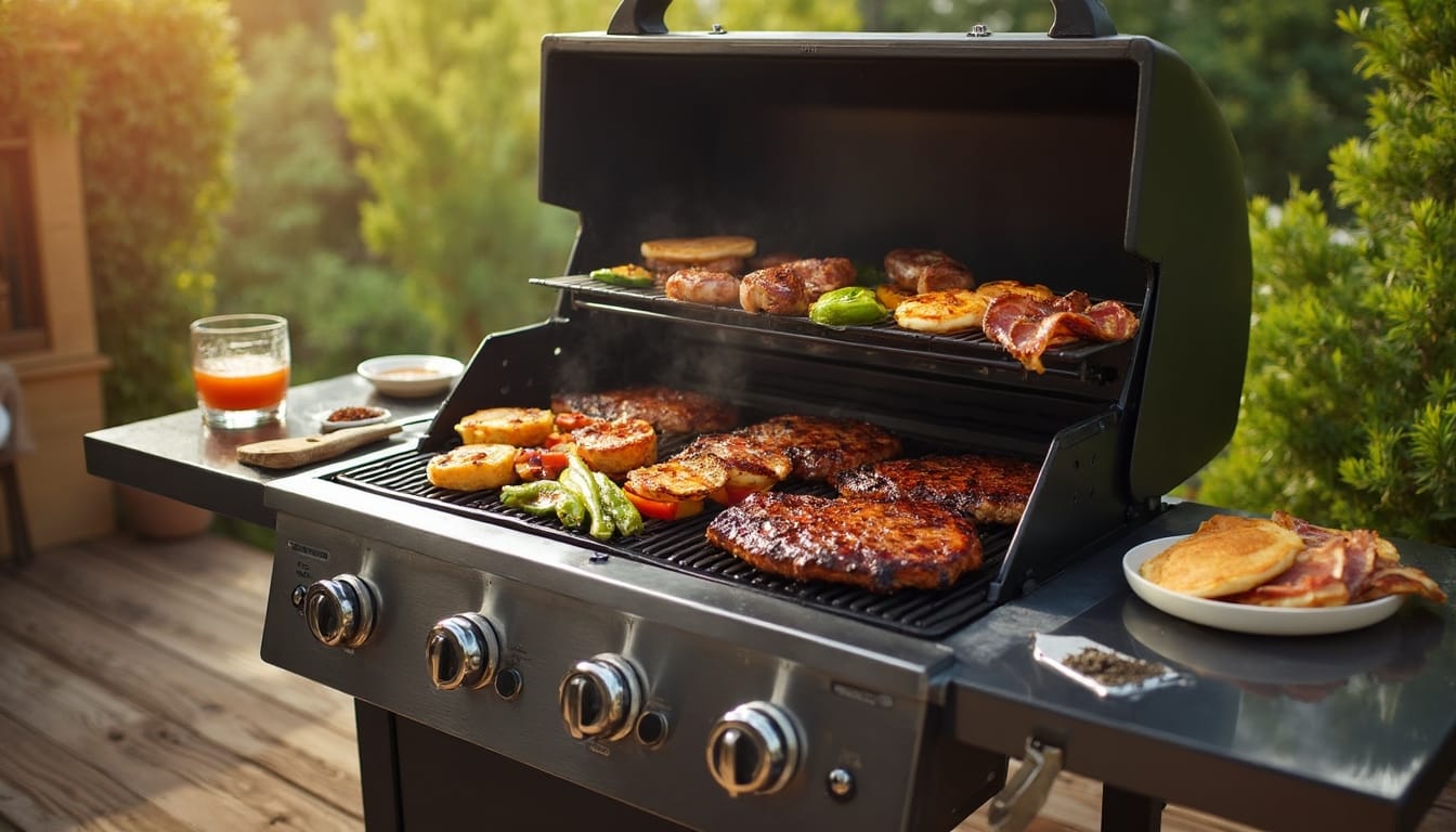 A loaded outdoor grill with sizzling steaks, roasted vegetables, bacon, and bread, set in a sunny backyard with lush greenery