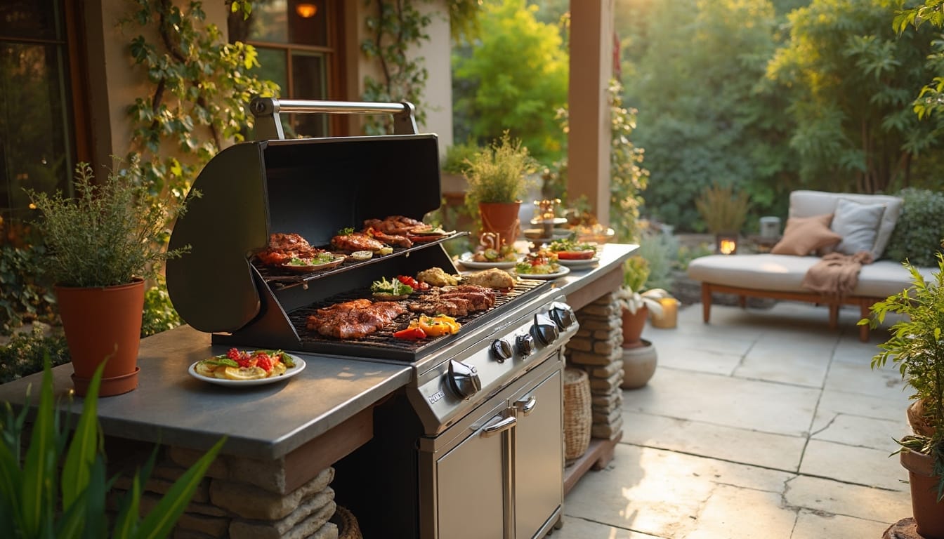 An outdoor Blackstone grill loaded with sizzling meats and vegetables, set in a cozy patio surrounded by greenery.