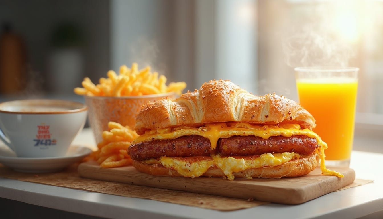 A Burger King breakfast croissant sandwich with sausage, egg, and cheese, served with crispy fries, coffee, and orange juice.