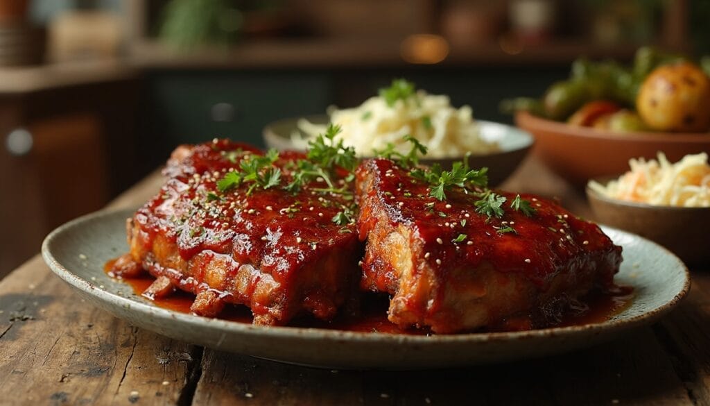 Juicy, BBQ-glazed chicken ribs garnished with parsley, presented with creamy mashed potatoes and pickled vegetables.