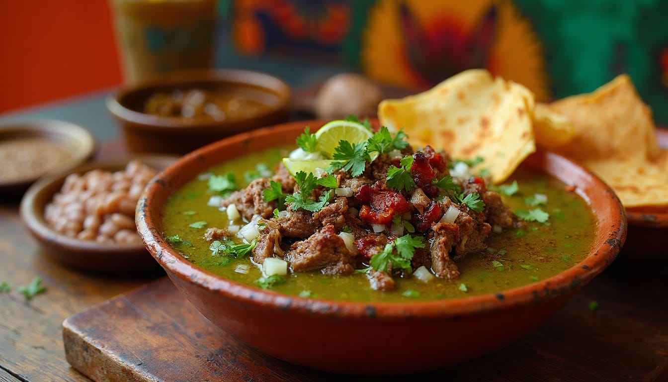 A vibrant bowl of Carne en su Jugo paired with refried beans, fresh tortillas, and a lime wedge for a complete meal.