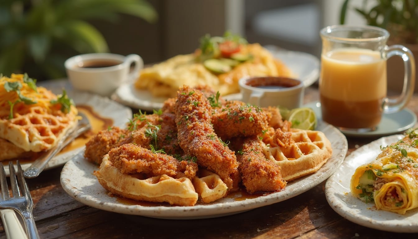 Crispy chicken strips served on waffles, paired with a savory omelet, coffee, and a latte in a bright breakfast setting.