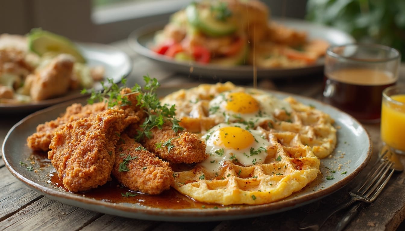 Golden fried chicken with waffles, sunny-side-up eggs, and syrup drizzle, served alongside coffee and orange juice on a rustic table.