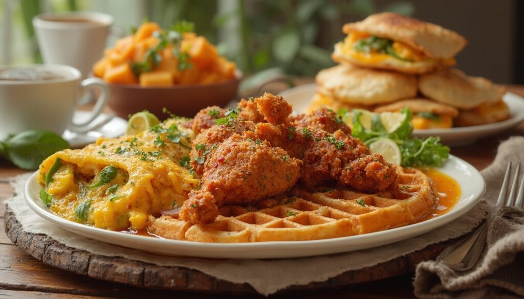 Crispy fried chicken atop waffles, served with a cheesy spinach omelet, fresh fruit, and breakfast sandwiches in a cozy dining scene.