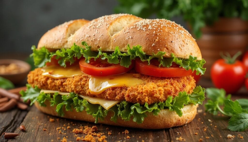 Golden-fried chicken cutlet sandwich with vibrant lettuce, tomato slices, and melted cheese on a toasted sesame bun.