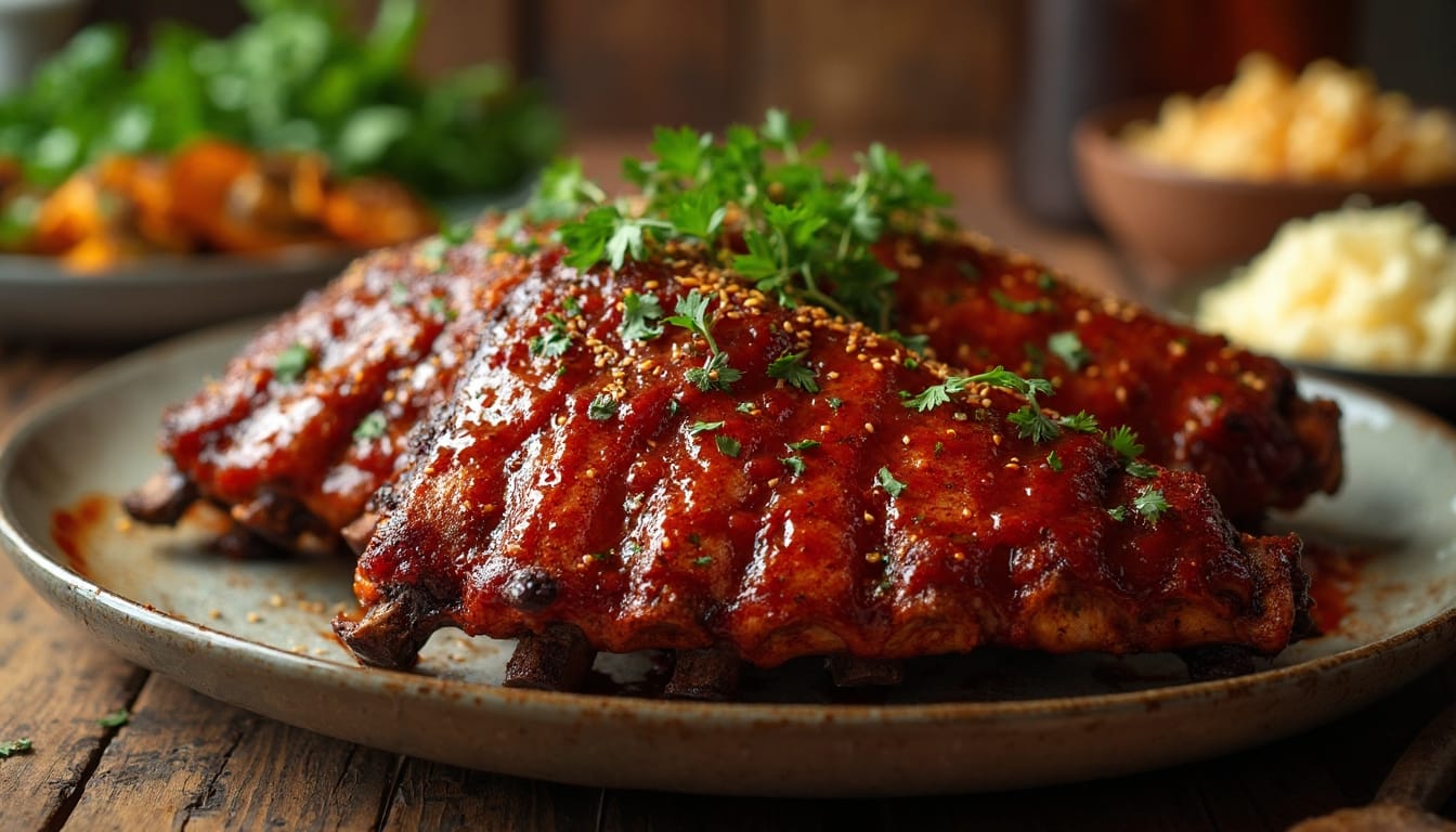 Succulent chicken ribs with rich barbecue sauce and herbs, served with mashed potatoes.