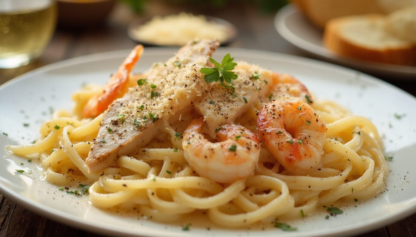 A creamy pasta dish with chicken, shrimp, and herbs, beautifully plated with a side of bread.