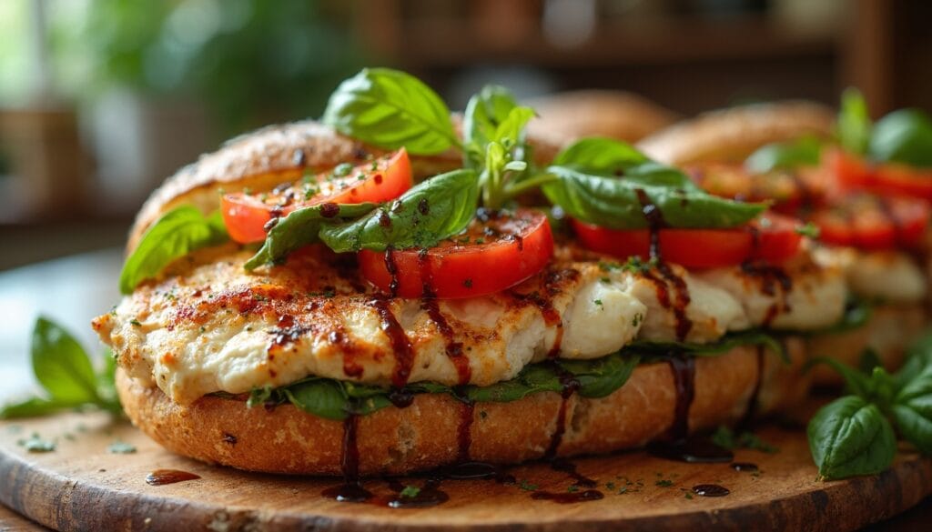A gourmet Chicken Caprese sandwich with melted mozzarella, ripe tomatoes, and vibrant basil leaves on artisan bread