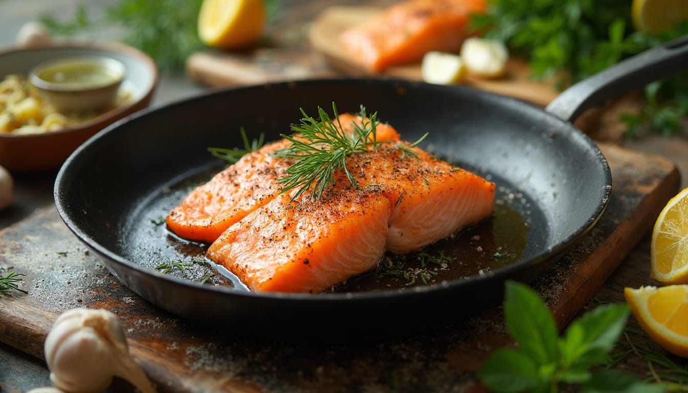 Coho salmon fillets releasing steam as they cook in a skillet with garlic and rosemary.