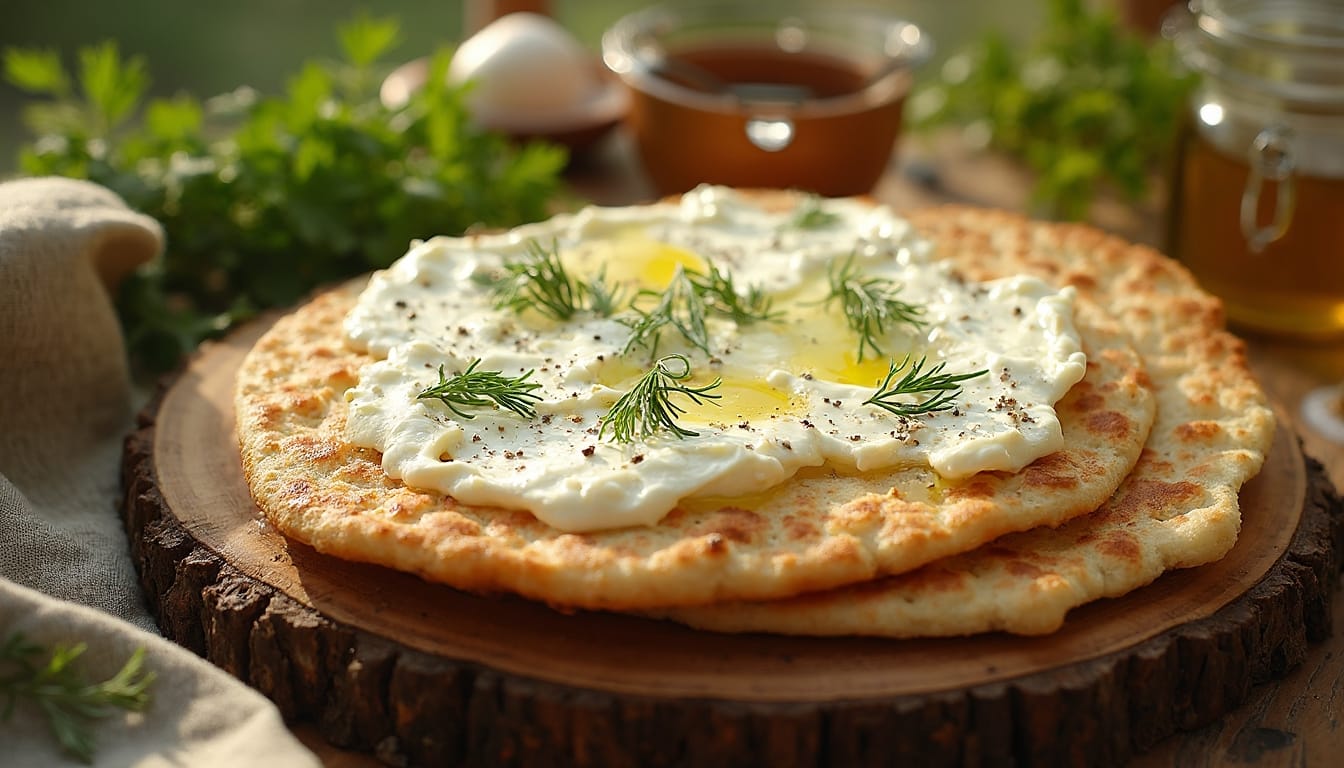 Two layers of flatbread topped with cottage cheese, olive oil, and dill, surrounded by fresh herbs and soft lighting.