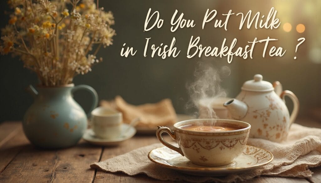 A cozy table setup featuring a steaming cup of Irish breakfast tea with milk being poured, accompanied by biscuits and a teapot in the background.