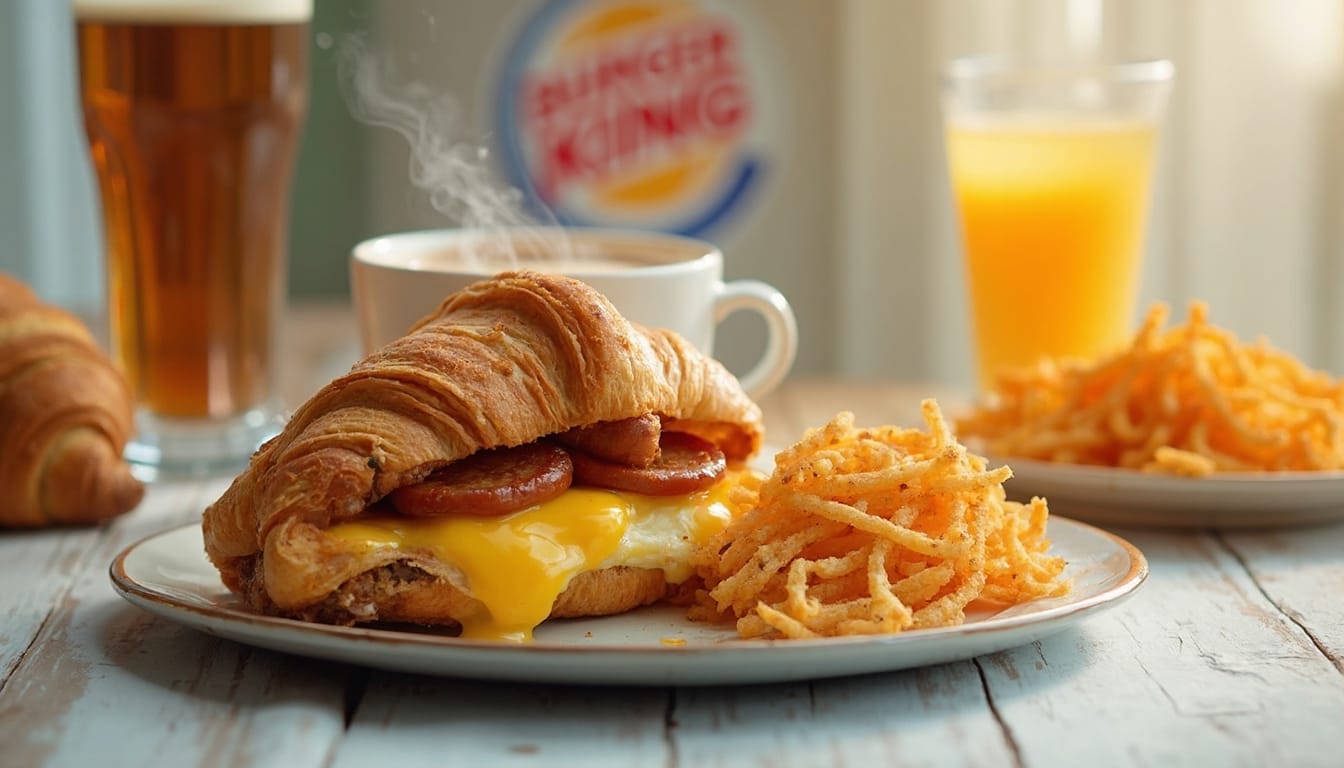 A croissant sandwich with sausage, egg, and melted cheese served with crispy hash browns, coffee, and orange juice at Burger King.