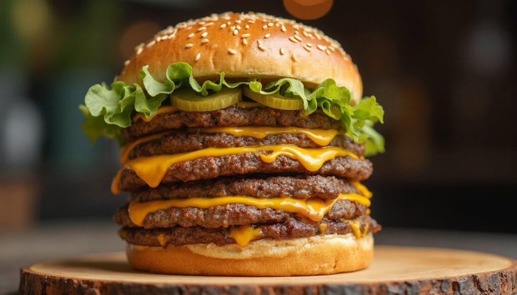 A stacked Double Big Mac with sesame seed buns and layers of beef, cheese, and crisp lettuce.