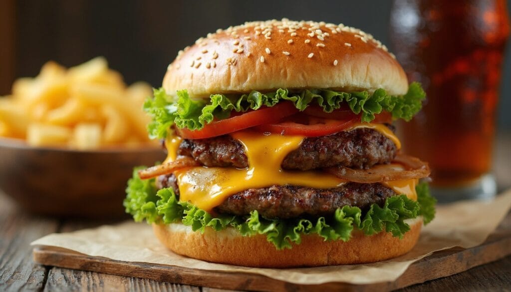 A mouthwatering double cheeseburger featuring grilled patties, melted cheese, and fresh toppings, served with a side of fries.