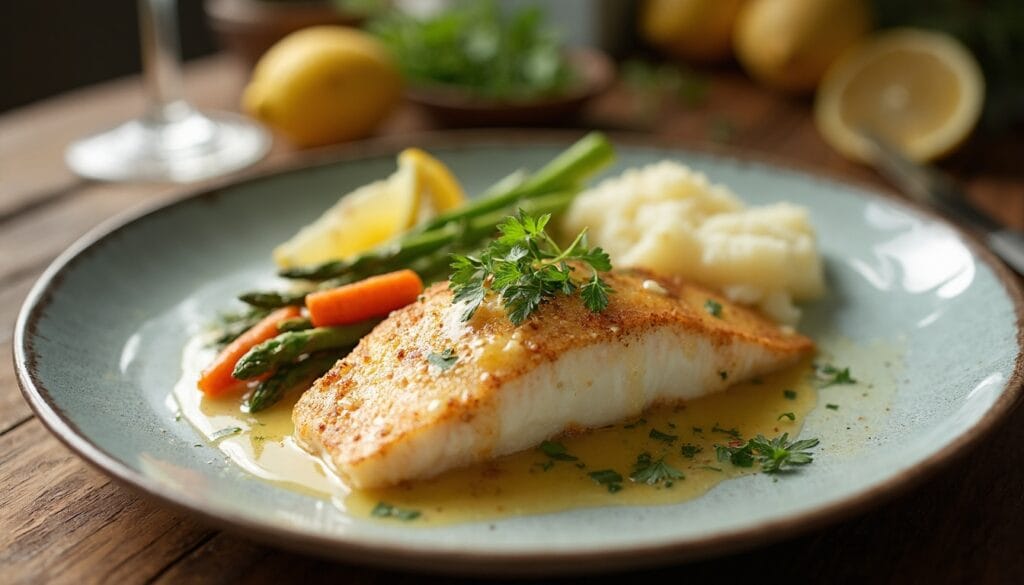 Pan-seared Dover Sole with fresh vegetables and mashed potatoes on a decorative plate, highlighted with a lemon herb garnish.