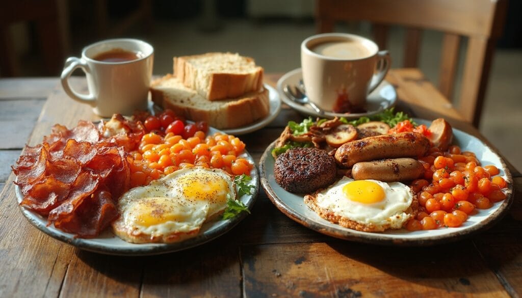 Two hearty breakfast plates with fried eggs, crispy bacon, sausages, tomatoes, and baked beans, accompanied by tea and coffee on a wooden table.