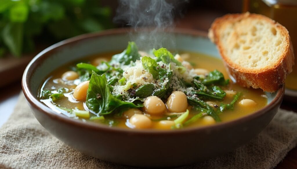 A hearty bowl of escarole and white bean soup topped with parmesan and black pepper.