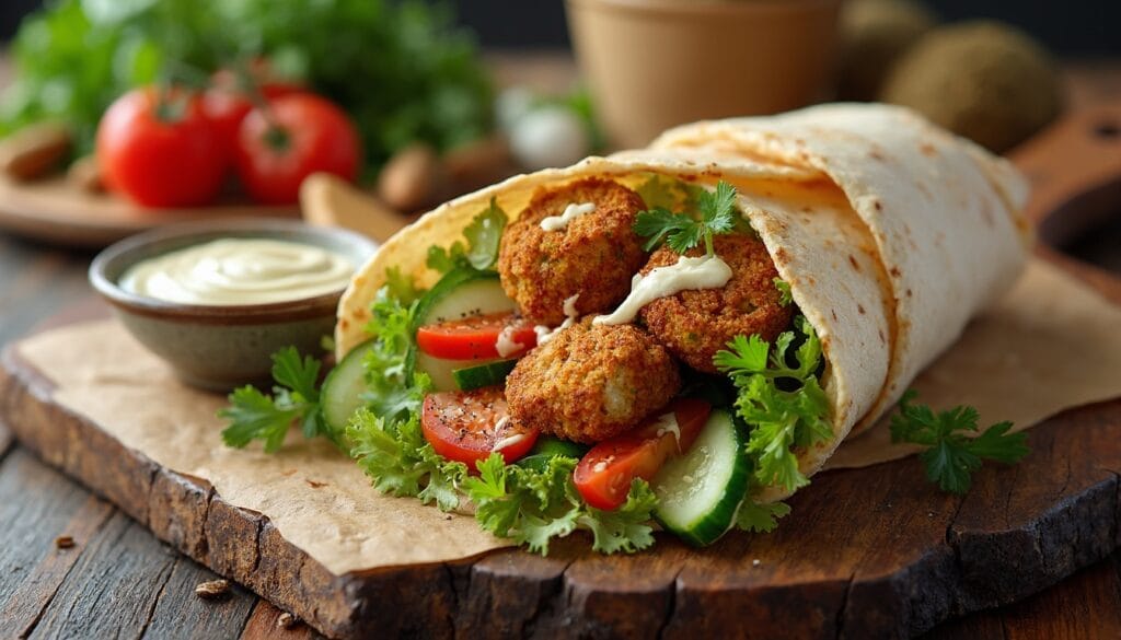Close-up of a gourmet falafel wrap filled with crispy falafel, leafy greens, and creamy dressing.