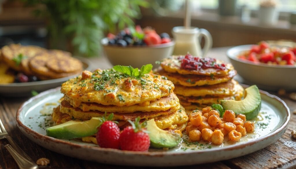 A vibrant vegan meal showcasing stacked pancakes, avocado, roasted chickpeas, and scrambled tofu garnished with fresh mint.