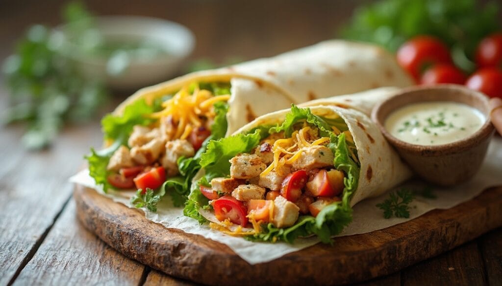 A pair of snack wraps with grilled chicken, fresh greens, and a side of dipping sauce on a wooden tray.