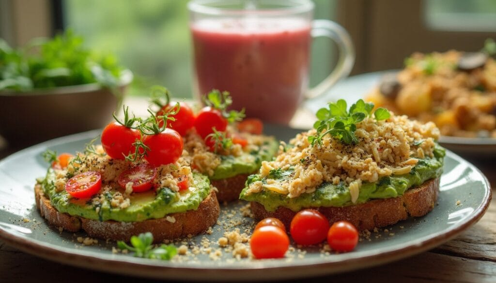 Close-up of avocado toast with cherry tomatoes and plant-based protein crumble, paired with a berry smoothie.