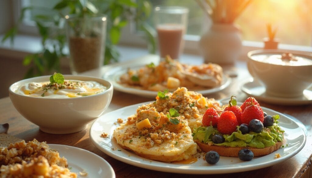 A vibrant vegetarian breakfast plate with avocado toast, strawberries, and yogurt bowls.