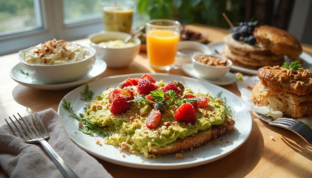 A wholesome breakfast spread featuring avocado toast topped with strawberries and nuts, surrounded by yogurt and pancakes.