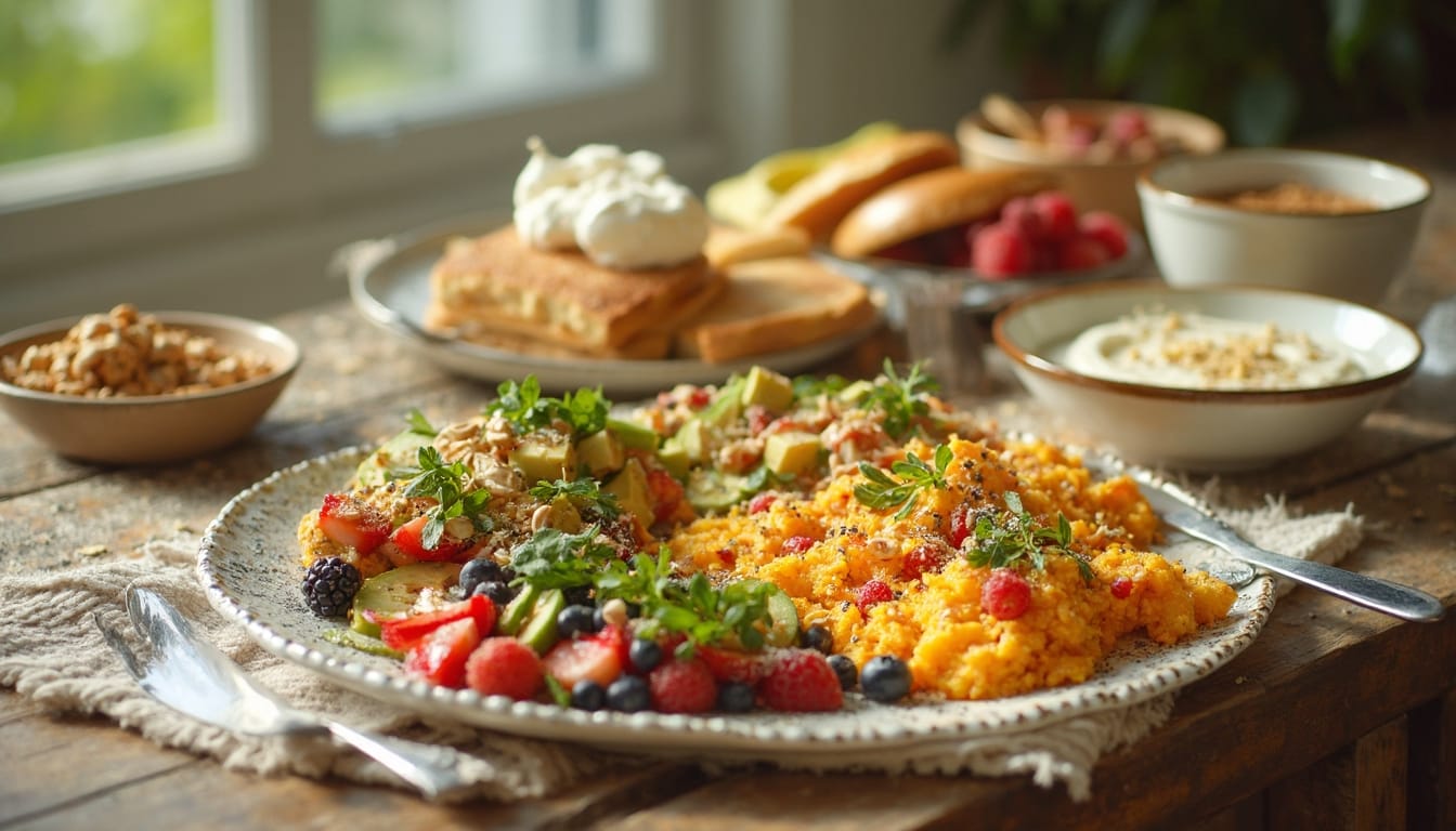 A colorful platter of vegetarian breakfast dishes with fresh fruits, scrambled eggs, and granola.