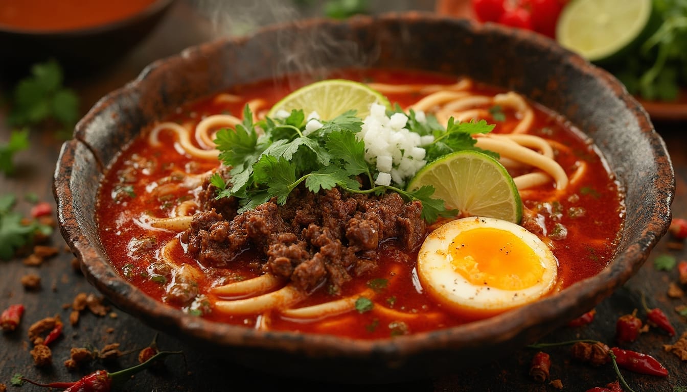 Close-up of Birria Ramen with vibrant red broth, a halved boiled egg, and fresh cilantro on top.