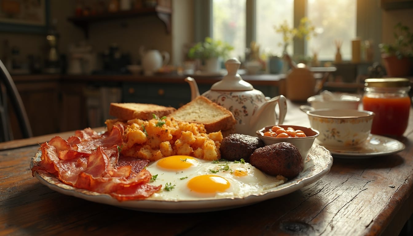 A rustic Irish breakfast spread with sunny-side-up eggs, bacon, black pudding, baked beans, and tea, served in a cozy kitchen setting.