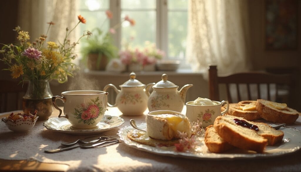 An elegant tea table with a steaming cup of tea, floral porcelain teapots, sweet treats, and a bright window view with floral decor.