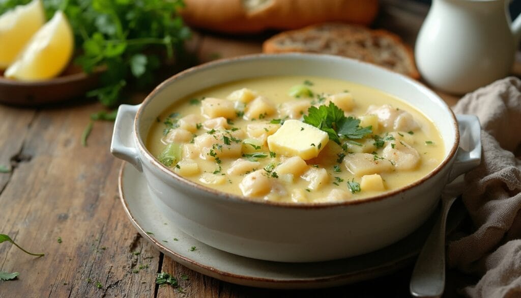 Rich and creamy Irish fish chowder in a ceramic bowl, topped with butter and herbs.